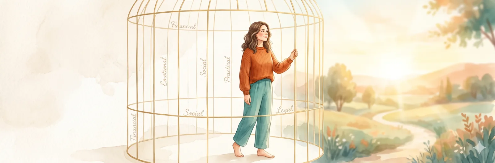 Woman standing in a golden cage looking toward a path to freedom