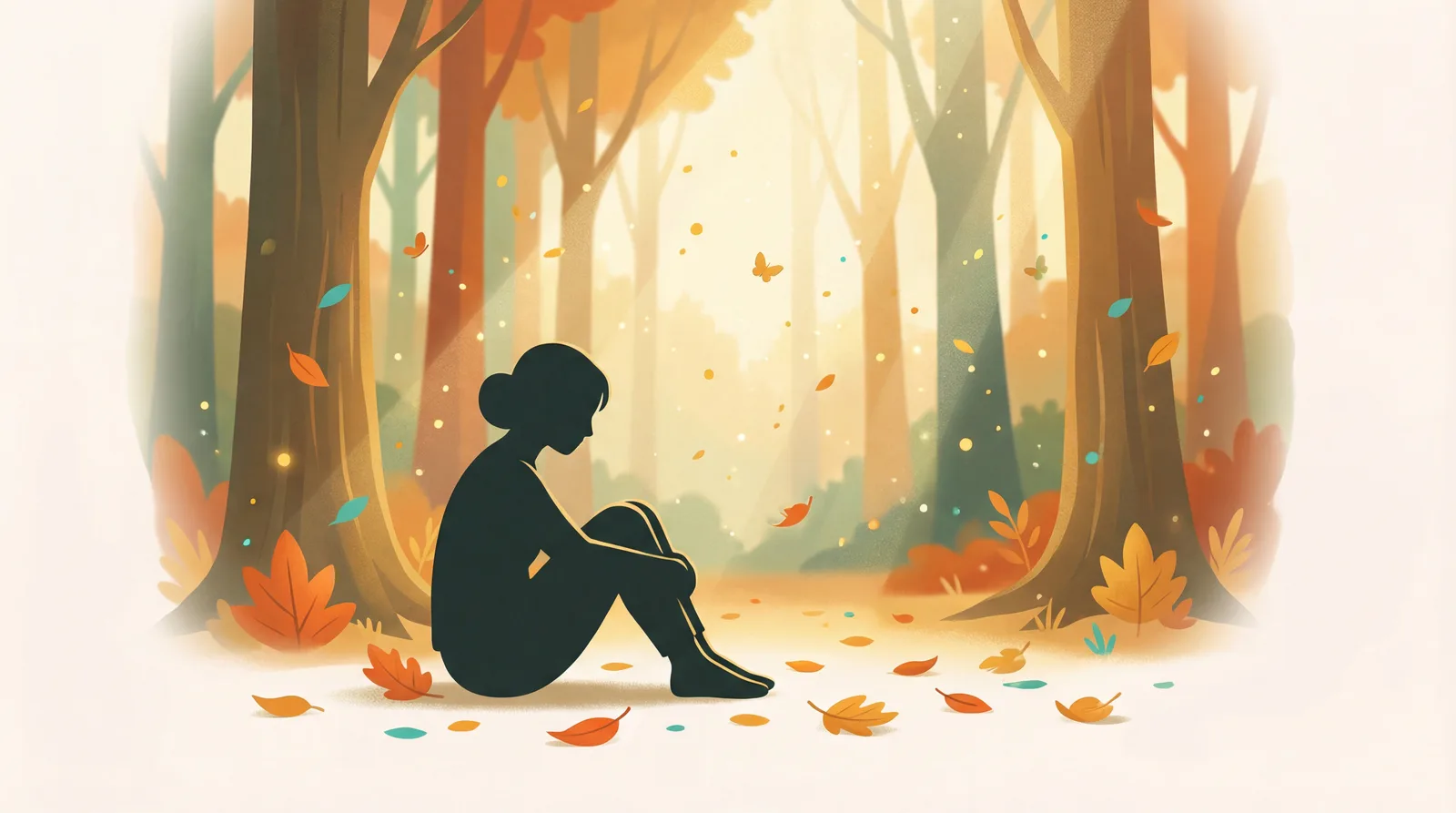 Person sitting peacefully in autumn forest clearing
